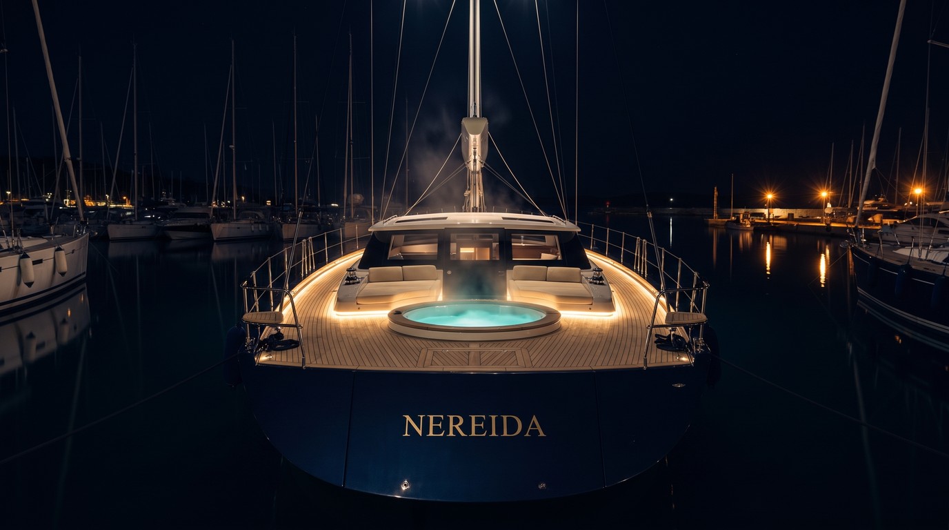 Krov jahte NEREIDA ponoči — zaklenjena marina, prizorišče umora